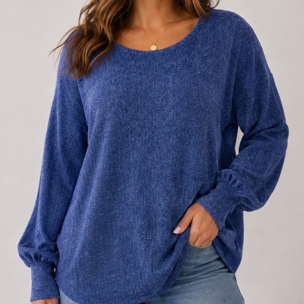 Max Studio 1X Blue Oversized Knit Top Balloon Sleeve Relaxed Tunic Plus Size